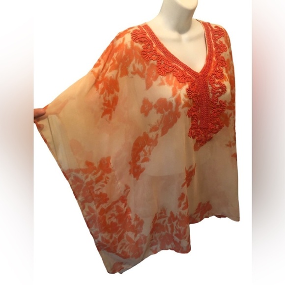 Chico’s Embroidered Printed Poncho Sz. S/M Orange Tan Sheer Batwing Summer Happy - Picture 5 of 8